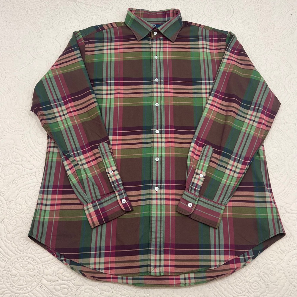 Polo Ralph Lauren Regent‎ Classic Fit Plaid Button Down Shirt Mens XL Green Pink - Picture 2 of 7
